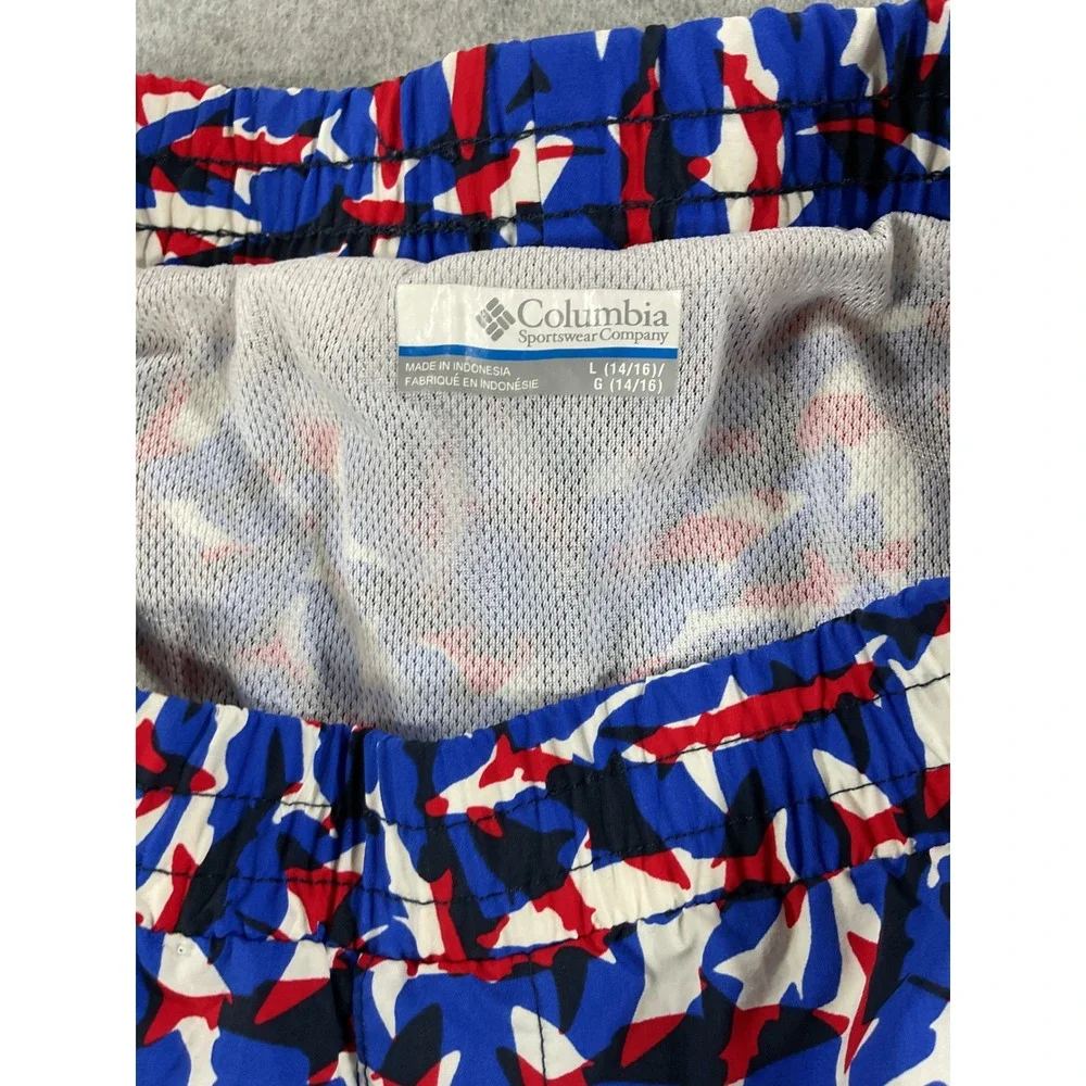 Columbia PFG Mens Shark Print Swim Trunks Red White Blue L 14/16 Omni-Shade 2655